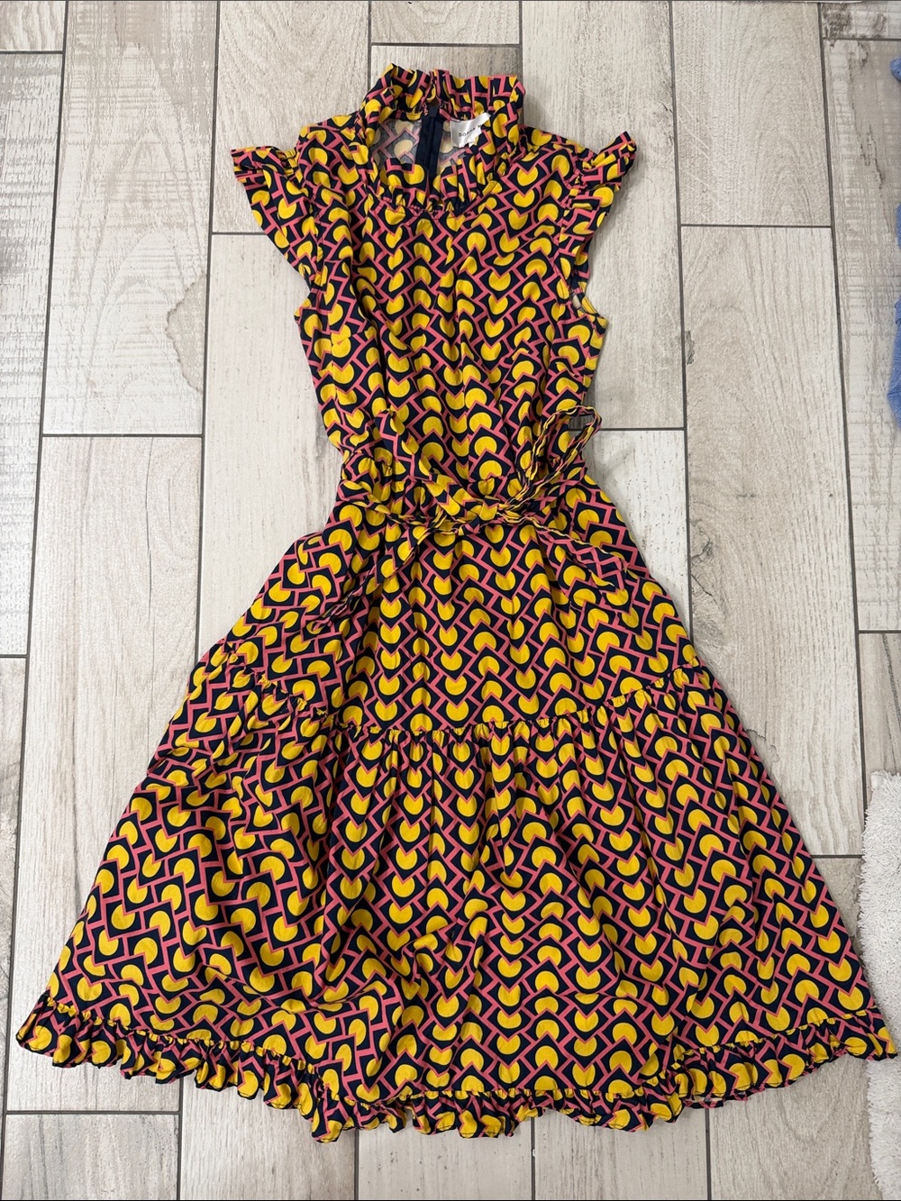 Donna Morgan Geometric Ruffle Dress - Yellow, Pink & Navy